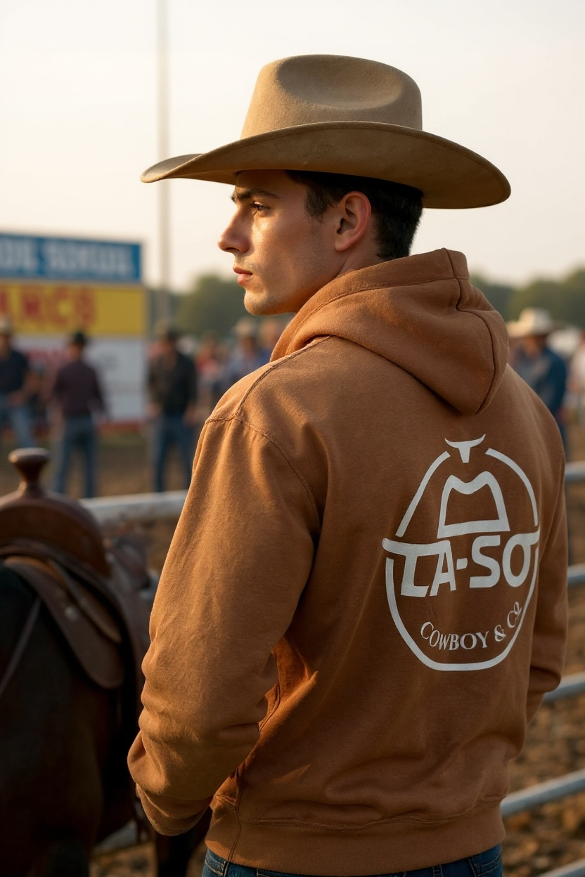 Hoodie Le Rancher couleur caramel, de derrière avec le logo emblématique de La-So impression pleine grosseur.