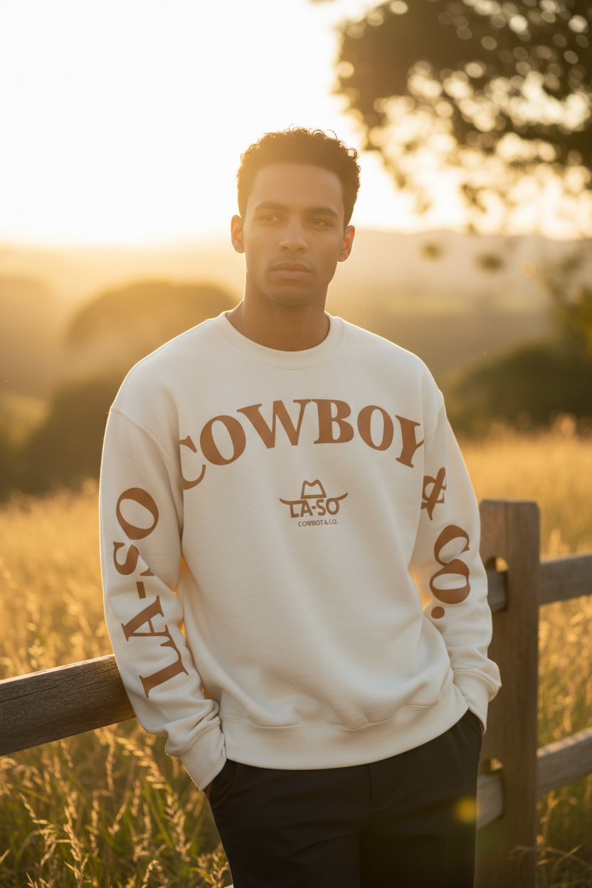 Un chandail ivoire à manches longues avec le texte de couleur caramel LA-SO COWBOY & CO. sur le devant et les manches. Le logo central LA-SO est surmonté d’un chapeau cowboy stylisé. Style affirmé et country chic.