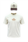 T-shirt premium ivoire, vue de face, avec imprimé de couleur caramel, logo La-So au centre de la poitrine