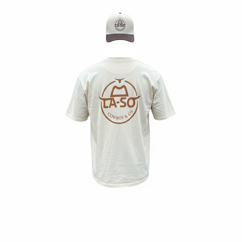 T-shirt premium blanc, vue de dos, avec imprimé caramel du logo emblématique de La-So, impression plein largeur.
