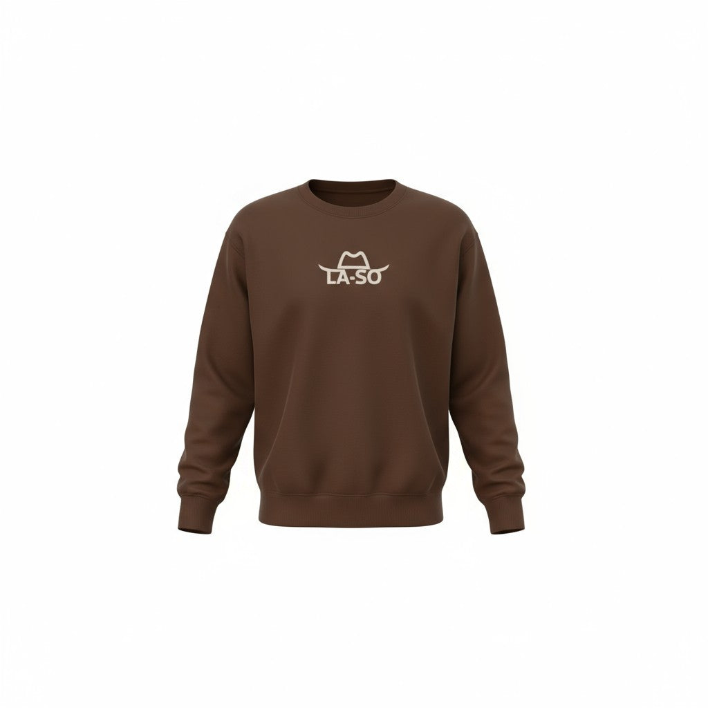 crewneck brun manche longue, vue de face avec logo de La-So au centre de la poitrine