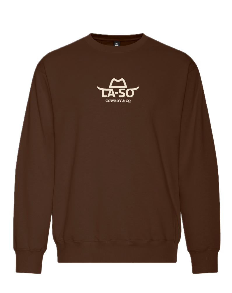 crewneck brun manche longue, vue de face avec logo de La-So au centre de la poitrine