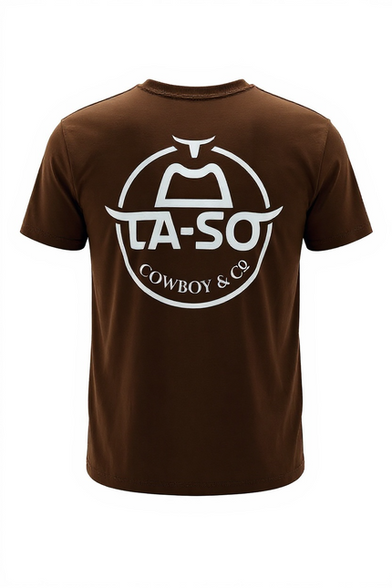 T-shirt Le Rancher brun, de derrière avec le logo emblématique de La-So impression pleine grosseur.