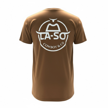 T-shirt Le Rancher caramel, de derrière avec le logo emblématique de La-So impression pleine grosseur.