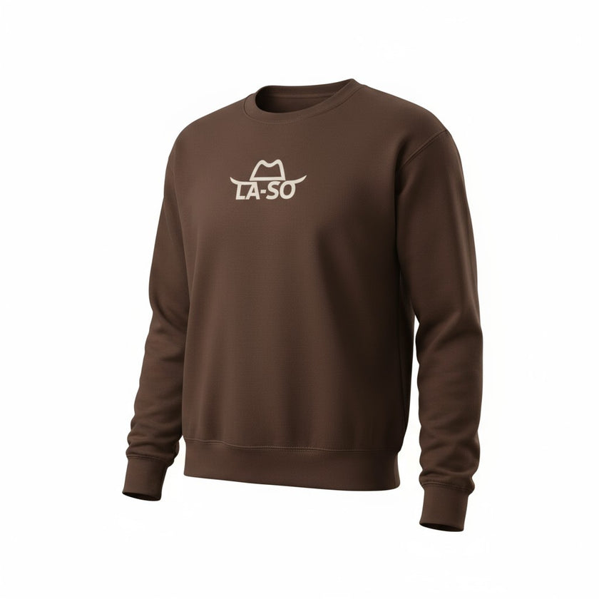 crewneck brun manche longue, vue de face avec logo de La-So au centre de la poitrine