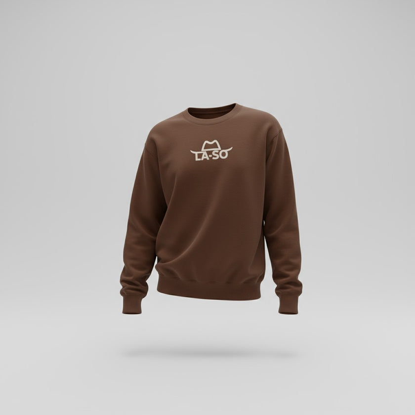 crewneck brun manche longue, vue de face avec logo de La-So au centre de la poitrine