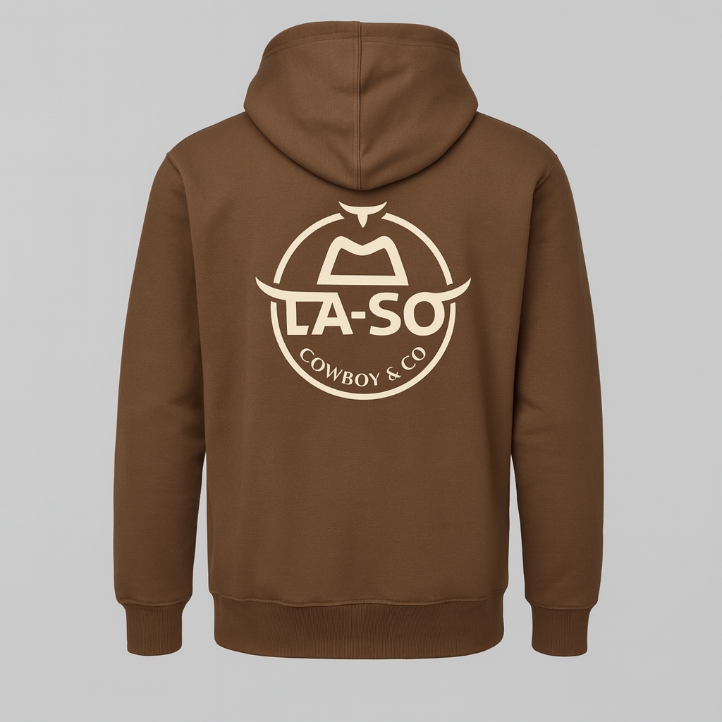 Hoodie Le Rancher couleur brun, de derrière avec le logo emblématique de La-So impression pleine grosseur.