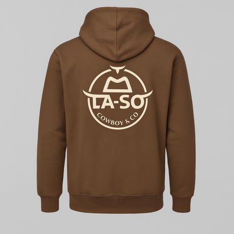 Hoodie Le Rancher couleur brun, de derrière avec le logo emblématique de La-So impression pleine grosseur.