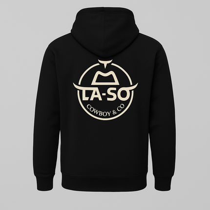 Hoodie Le Rancher couleur noir, de derrière avec le logo emblématique de La-So impression pleine grosseur.