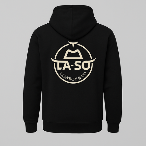 Hoodie Le Rancher couleur noir, de derrière avec le logo emblématique de La-So impression pleine grosseur.