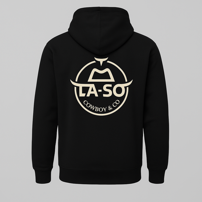 Hoodie Le Rancher couleur noir, de derrière avec le logo emblématique de La-So impression pleine grosseur.