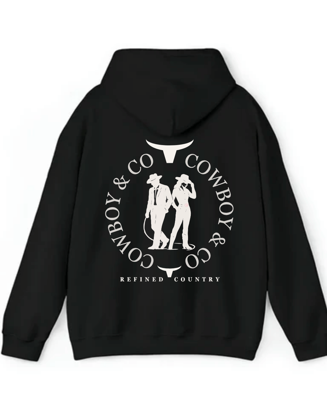 Hoodie noir au dos le logo Le Duo C&C deux silhouettes — un cowboy et une cowgirl encadrées par deux têtes de longhorn stylisées et le texte “COWBOY & CO – REFINED COUNTRY