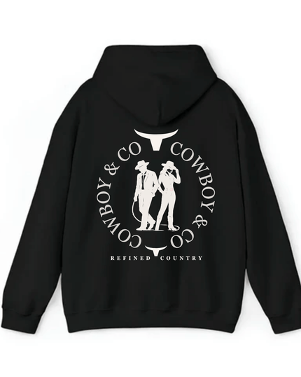 Hoodie noir au dos le logo Le Duo C&C deux silhouettes — un cowboy et une cowgirl encadrées par deux têtes de longhorn stylisées et le texte “COWBOY & CO – REFINED COUNTRY