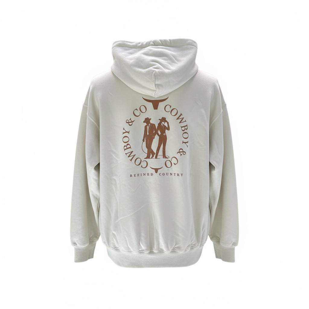 Hoodie sable au dos le logo Le Duo C&C deux silhouettes — un cowboy et une cowgirl encadrées par deux têtes de longhorn stylisées et le texte “COWBOY & CO – REFINED COUNTRY