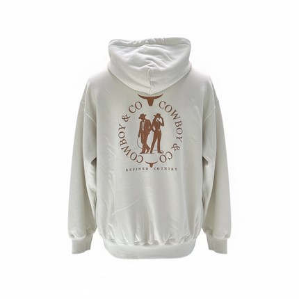Hoodie sable au dos le logo Le Duo C&C deux silhouettes — un cowboy et une cowgirl encadrées par deux têtes de longhorn stylisées et le texte “COWBOY & CO – REFINED COUNTRY