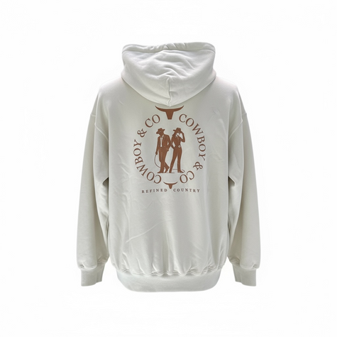 Hoodie sable au dos le logo Le Duo C&C deux silhouettes — un cowboy et une cowgirl encadrées par deux têtes de longhorn stylisées et le texte “COWBOY & CO – REFINED COUNTRY