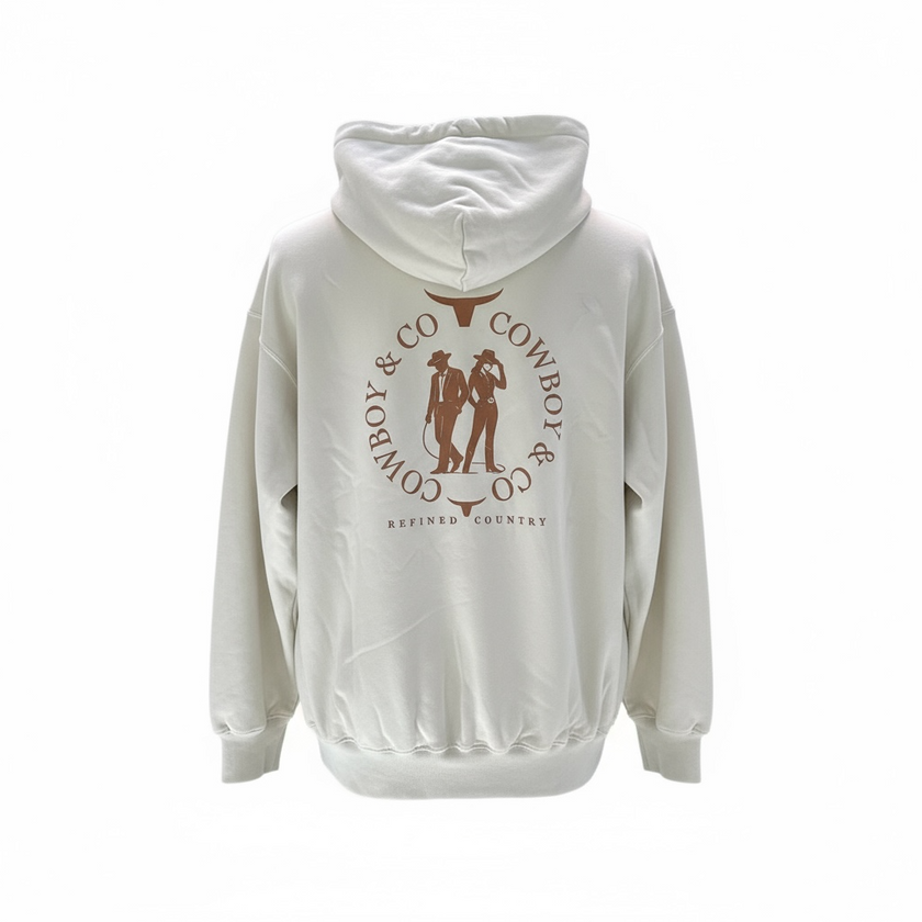 Hoodie sable au dos le logo Le Duo C&C deux silhouettes — un cowboy et une cowgirl encadrées par deux têtes de longhorn stylisées et le texte “COWBOY & CO – REFINED COUNTRY