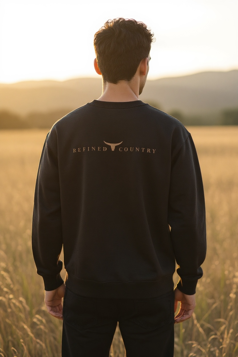 Un chandail noir à manches longues, coupe droite, avec l’inscription “REFINED COUNTRY” de couleur caramel au dos.
Entre les mots, un symbole de longhorn stylisé évoque l’esprit country chic propre à La-So Cowboy & Co.
Le design est minimaliste, moderne et raffiné.