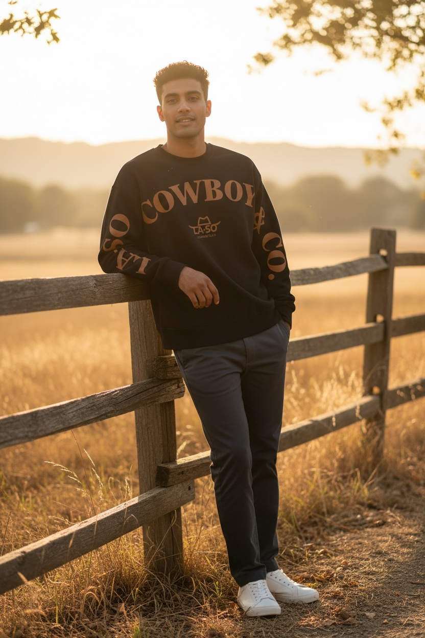 Un chandail noir à manches longues avec le texte de couleur caramel LA-SO COWBOY & CO. sur le devant et les manches. Le logo central LA-SO est surmonté d’un chapeau cowboy stylisé. Style affirmé et country chic.