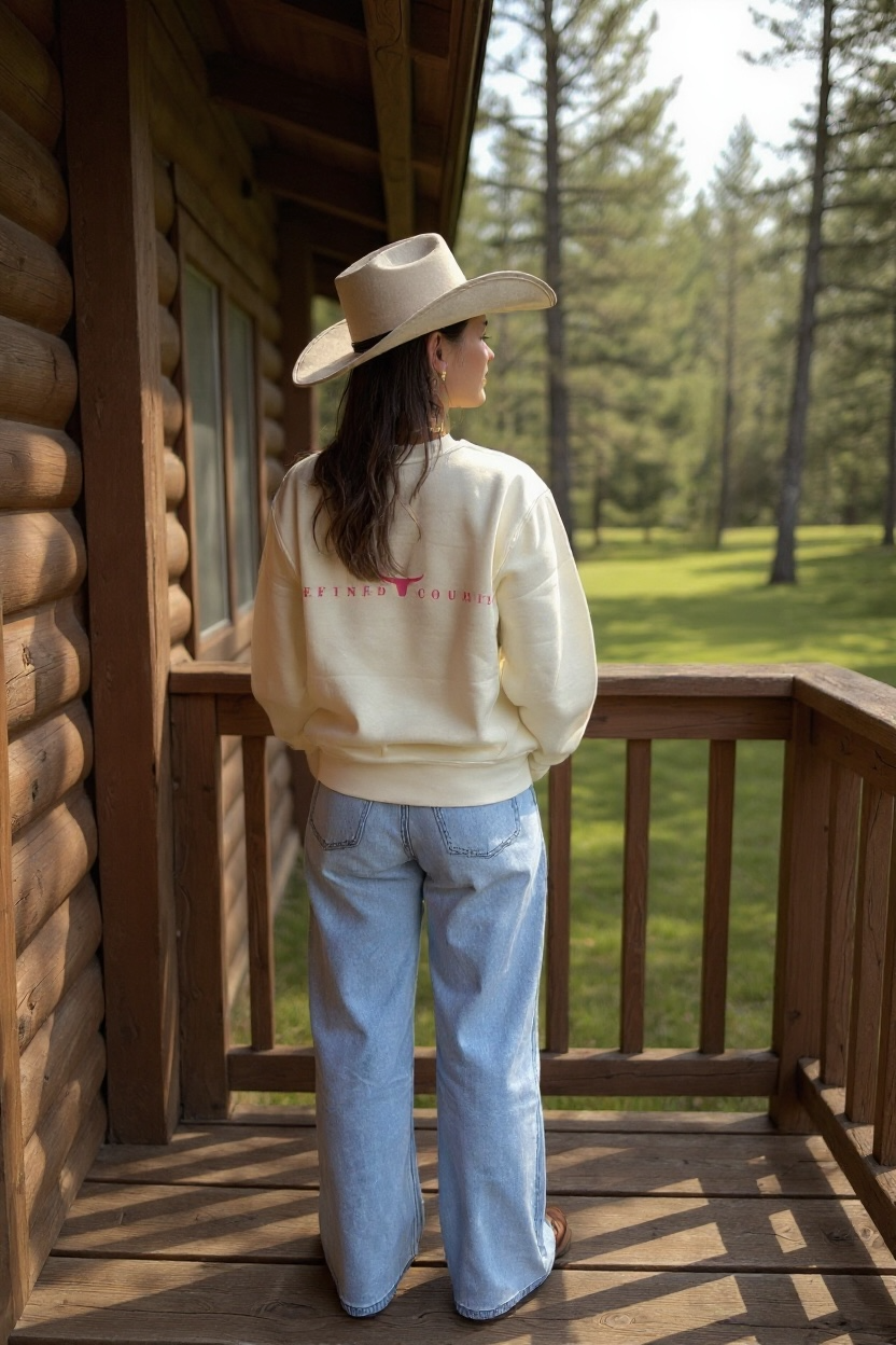Un crewneck ivoire à manches longues, coupe droite, avec l’inscription “REFINED COUNTRY” en rose au dos.
Entre les mots, un symbole de longhorn stylisé évoque l’esprit country chic propre à La-So Cowboy & Co.
Le design est minimaliste, moderne et raffiné.