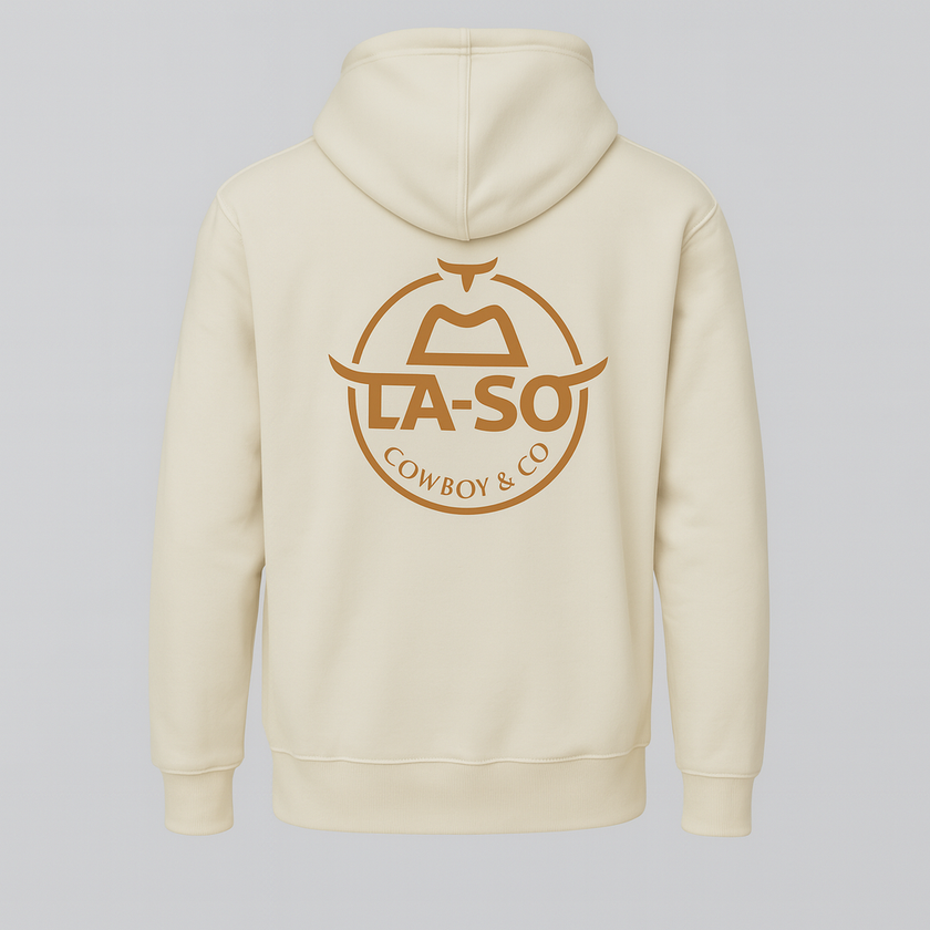 Hoodie Le Rancher couleur sable, de derrière avec le logo emblématique de La-So impression pleine grosseur.