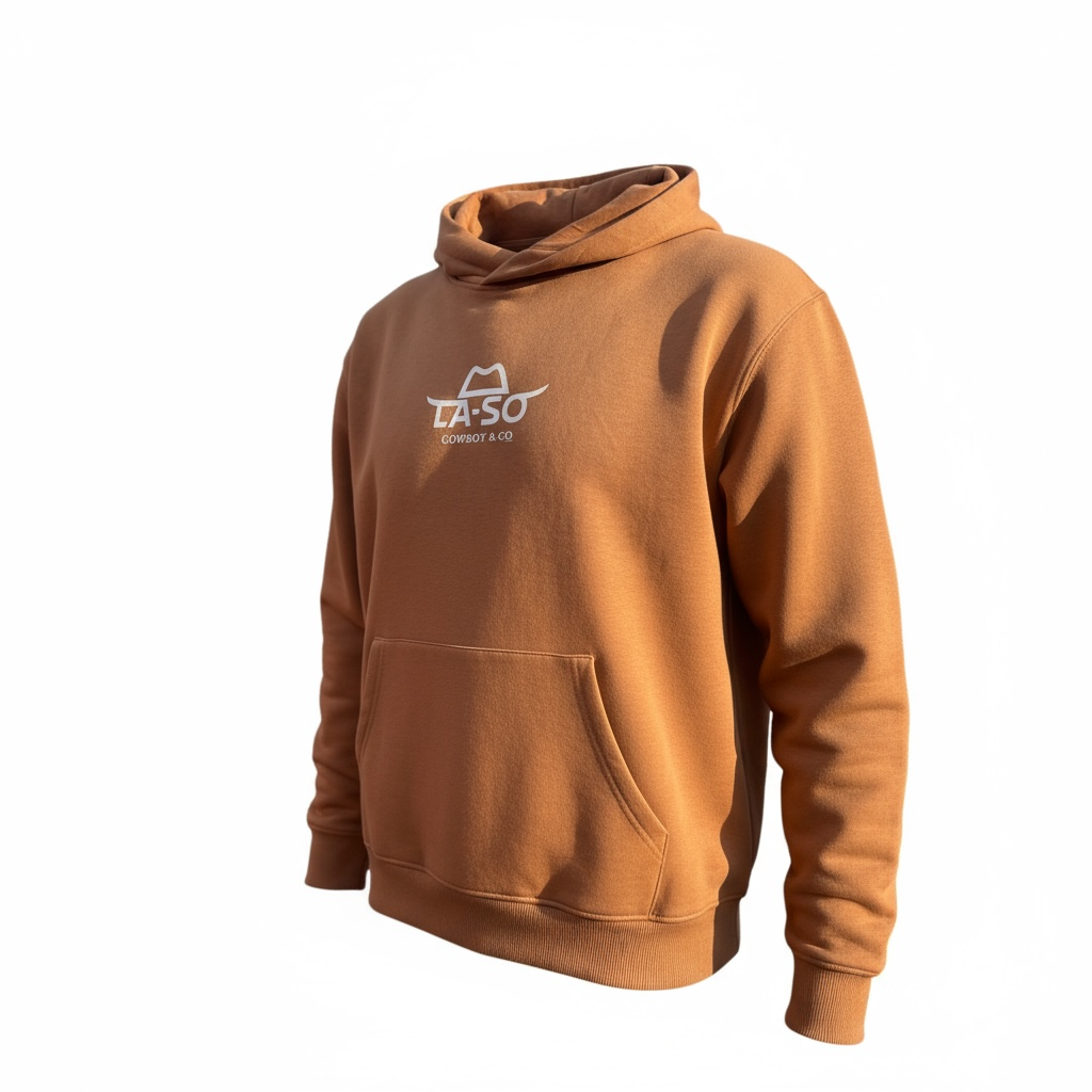 Hoodie Le Rancher couleur caramel, de face avec le logo de La-So au centre de la poitrine.