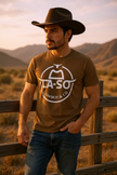 T-shirt caramel, vue face, logo emblématique le Rancher pleine grosseur, centré à la poitrine.