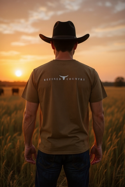 T-shirt caramel, vue de derrière, écriture Refined Country au dos, avec tête de boeuf entre les mots, au haut du dos.